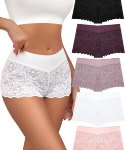 ALL OF SHE Lace Boy Shorts Sexy Cheeky Panties Breathable Womens Underwear Stretch Cotton Waistband Underwear Women 5 Pack