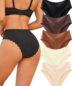 FINETOO Seamless Underwear for Women High Waisted Panties Scalloped Edge Sexy Cheeky Bikini No Show Briefs S-XXL 5 Pack