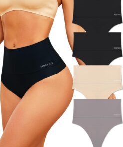FINETOO Women Underwear High Waisted Thongs Tummy Control Seamless Thongs Shapewear No Show Panties 4 Pack S-3XL